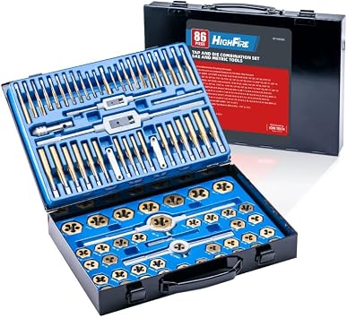 HIGHFIRE 86 PCS Tap and Die Set، SAE and Metric Standard، Large Tap and Die Set with Hex Shape، Titanium Coated Tap and Die Set with Storage Case, مجموعة الحنفية والقوالب الكل في واحد