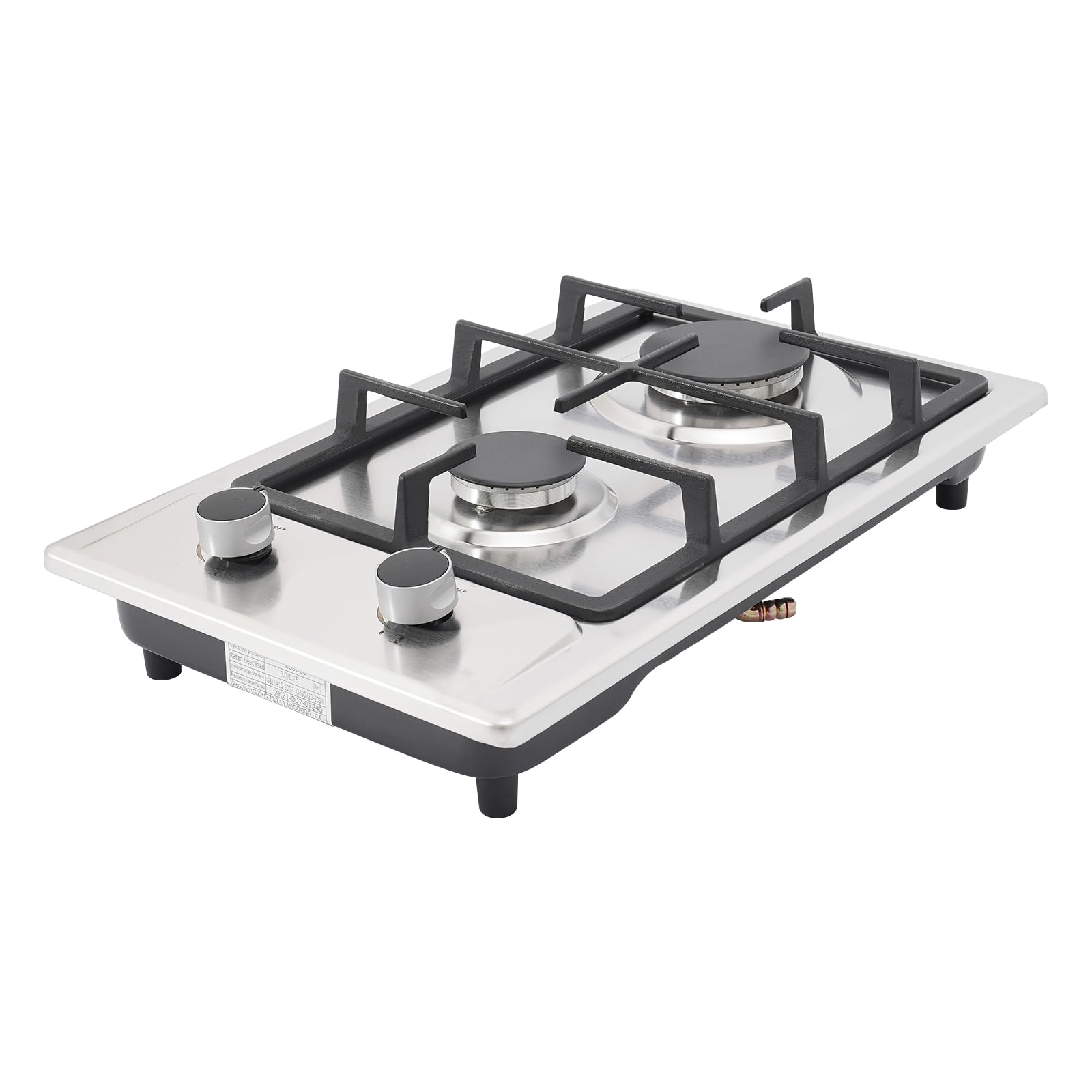 Cocina de gas con 2 fuegos de acero inoxidable, NG/LPG convertible, manguera de gas de 1,5 m, hornillo portátil de camping 51 x 31 x 10 cm, 3 kW + 1,75 kw, cocina de gas exterior (plata)