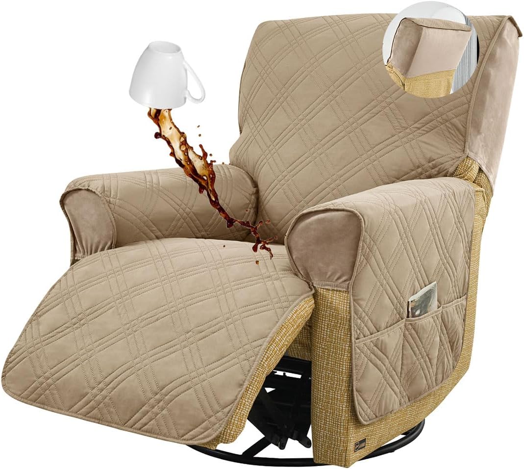 Waterproof Recliner Chair Covers Stay in Place Reclining Chair Cover with Pockets Non Slip Chair Slipcover for Recliners Washable Reclining Chair Protector for Kids Pets Khaki