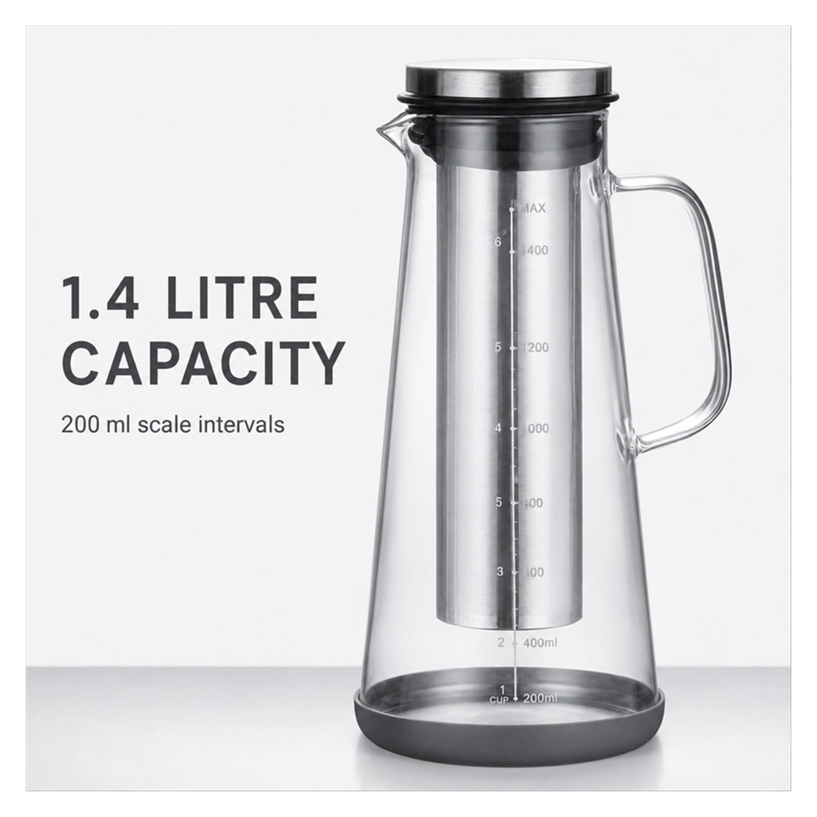 Caffettiera Cold Brew da 1,4 L, Caraffa Cold Brew con Filtro Fine Rimovibile, Brocca caffè Freddo in Vetro Borosilicato e Acciaio Inox per caffè e tè(1000ml)