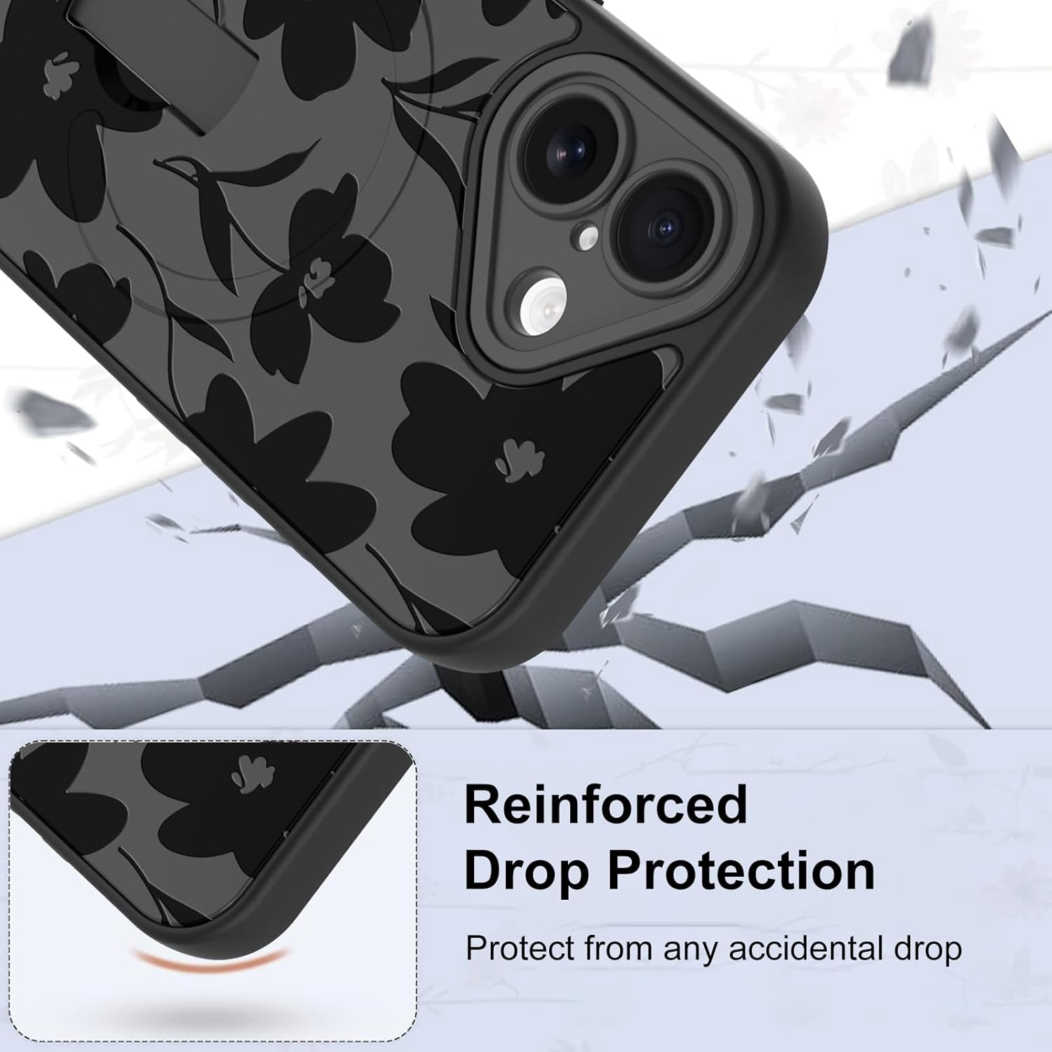Magnetic Case for iPhone 17 with Finger Hand Strap Kickstand [Compatible with Magsafe] Cute Aesthetic Floral Flower for Women Men, Full Camera Protection Shockproof Cover, Black