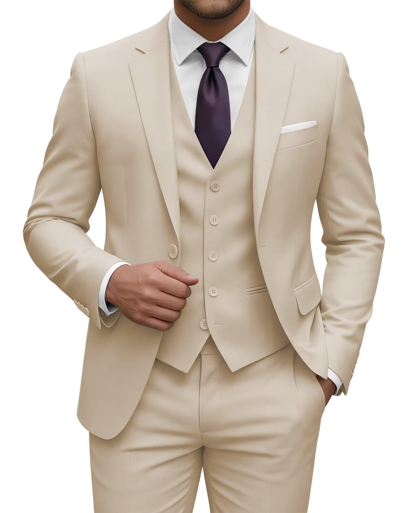 EMERAIDVLN Mens 3 Piece Suits Slim Fit Wedding Prom Party Business Elegant Suits One Button Blazer Vest and Pants Tuxedo Set