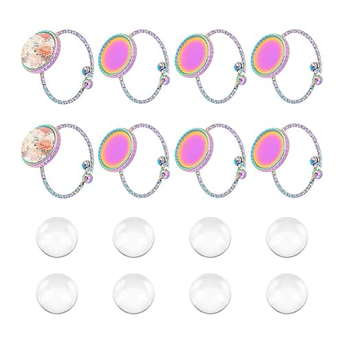 UNICRAFTALE 8 Sets Ring Blanks DIY Blank Dome Stainless Steel Open Cuff Ring Making Kits Adjustable Half Round Cabochon Ring Blanks Rainbow Color Blanks DIY Bezels for Jewelry Making 10mm - Rainbow