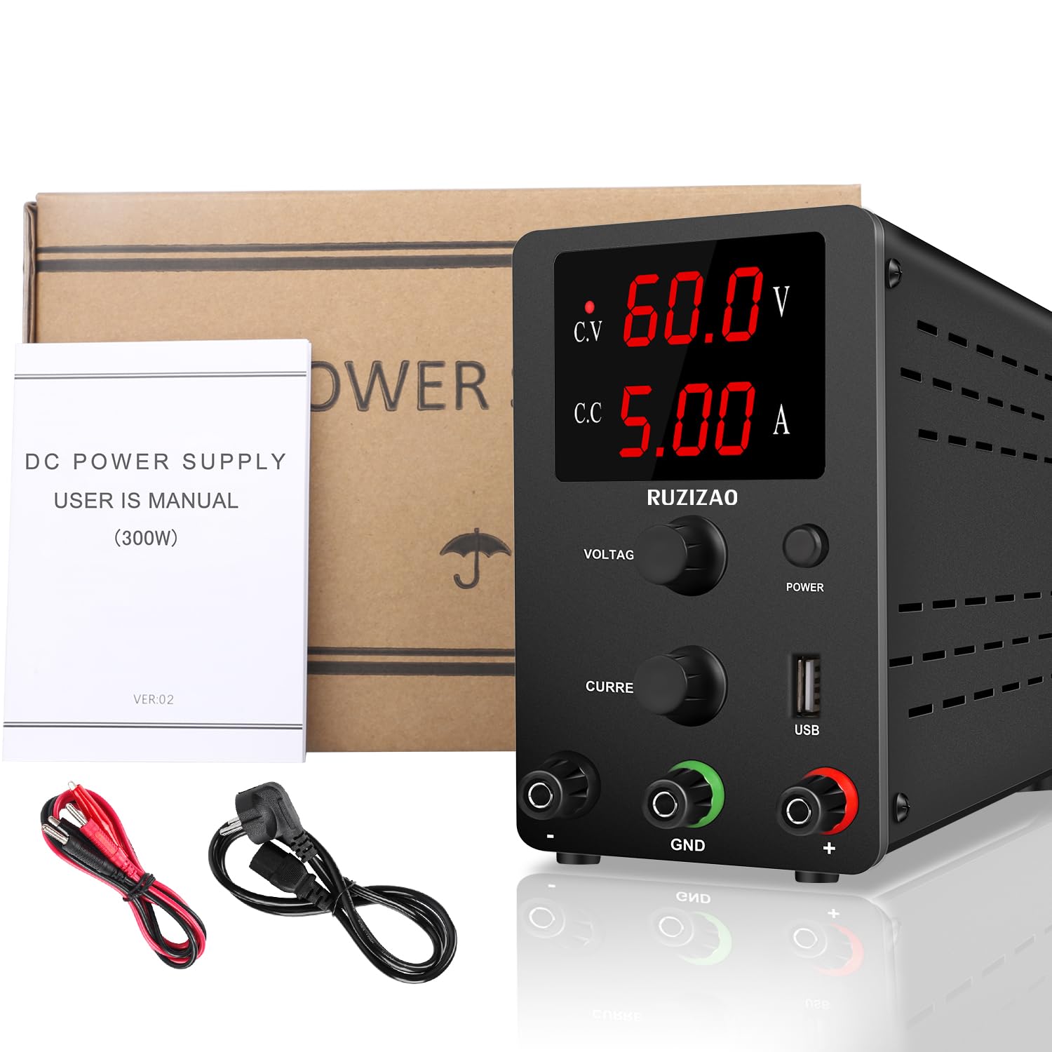 Fuente de Alimentación Regulable 60V 5A, Fuente de Alimentación de Laboratorio con Pantalla LED de 3 Dígitos, Fuente de Alimentacion de Banco con Puerto USB 5V/2A Fuente de Alimentación de CC