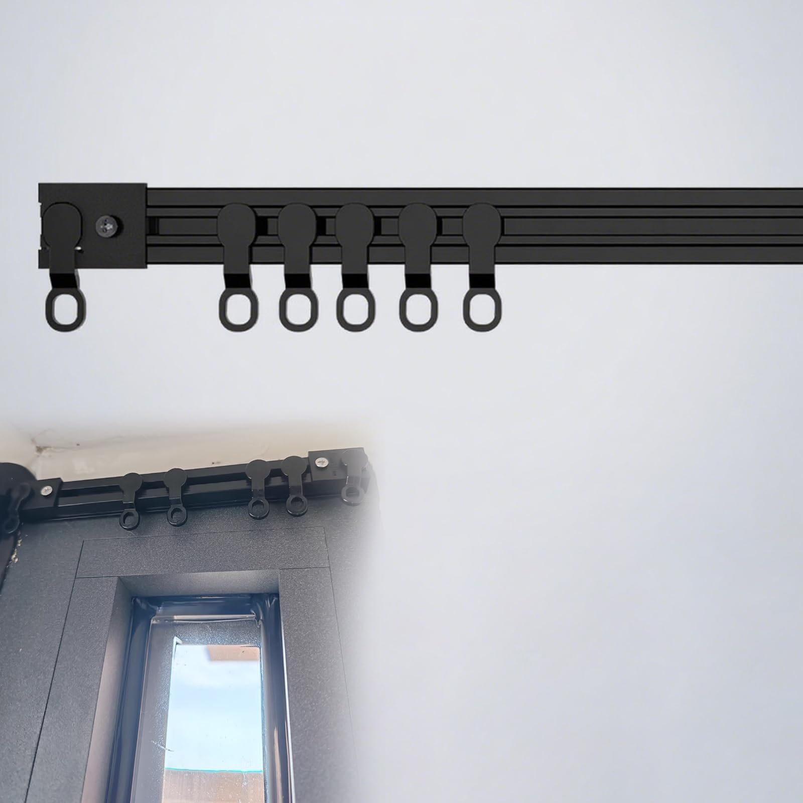 Tringle à rideaux adhésive 145 cm noire sans perçage pour fenêtre