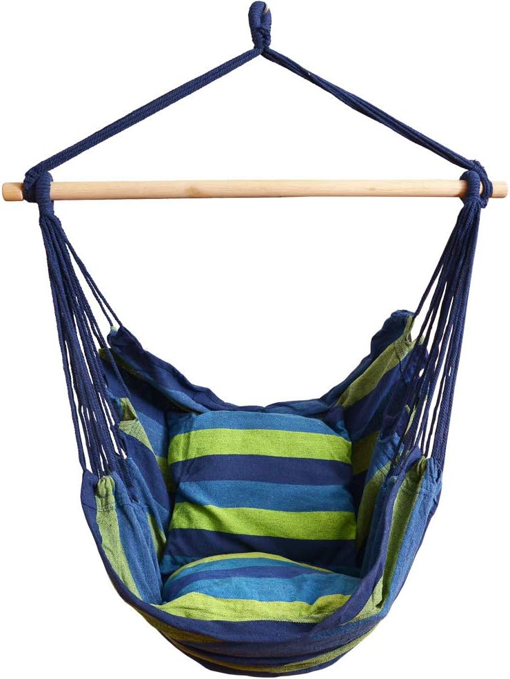 Swing Chair, Hanging Rope Seat with 2 Cushions, Blue Green Striped