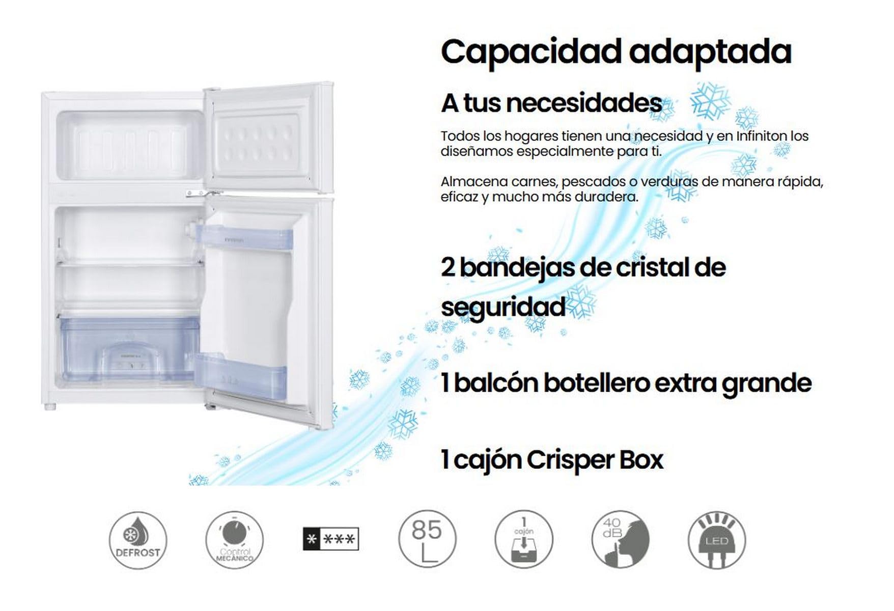 INFINITON Frigorifico Dos Puertas FG-85D8, 85 cm, 85 l, E, Blanco, Tirador Integrado, Luz LED (Blanco | FG-85D8WEH)