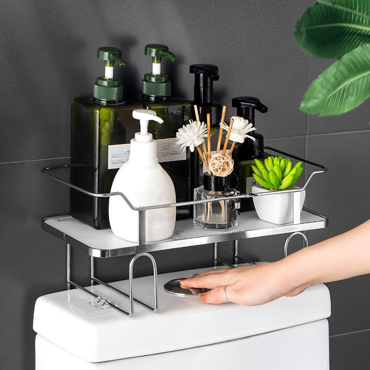 Bathroom Over The Toilet Storage Shelf, Silver Bathroom Organizer Over Toilet, Above Toilet Storage With Non-Trace Adhesive, Over Toilet Organizer For Restroom Laundry ( Color : /Silver , Size : 2-Ti