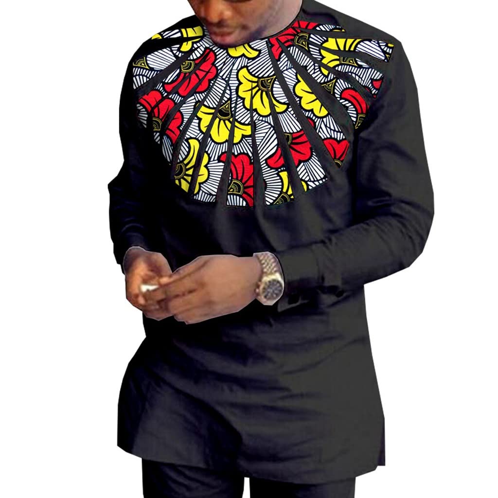 Africa Men Clothing Gentlemen Top Shirt and Pants Dashiki Outfit 2 Pieces Set Long Sleeve Traditional Attire (Color : Style 1, Size : L)