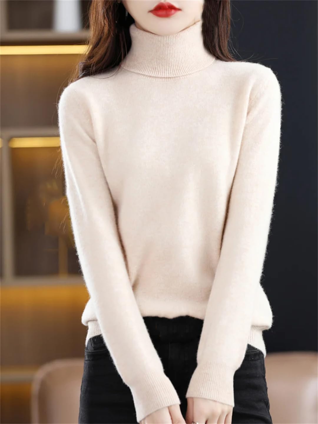 Maglione da donna a collo alto, per autunno e inverno, a maniche lunghe, in lana, morbida maglieria
