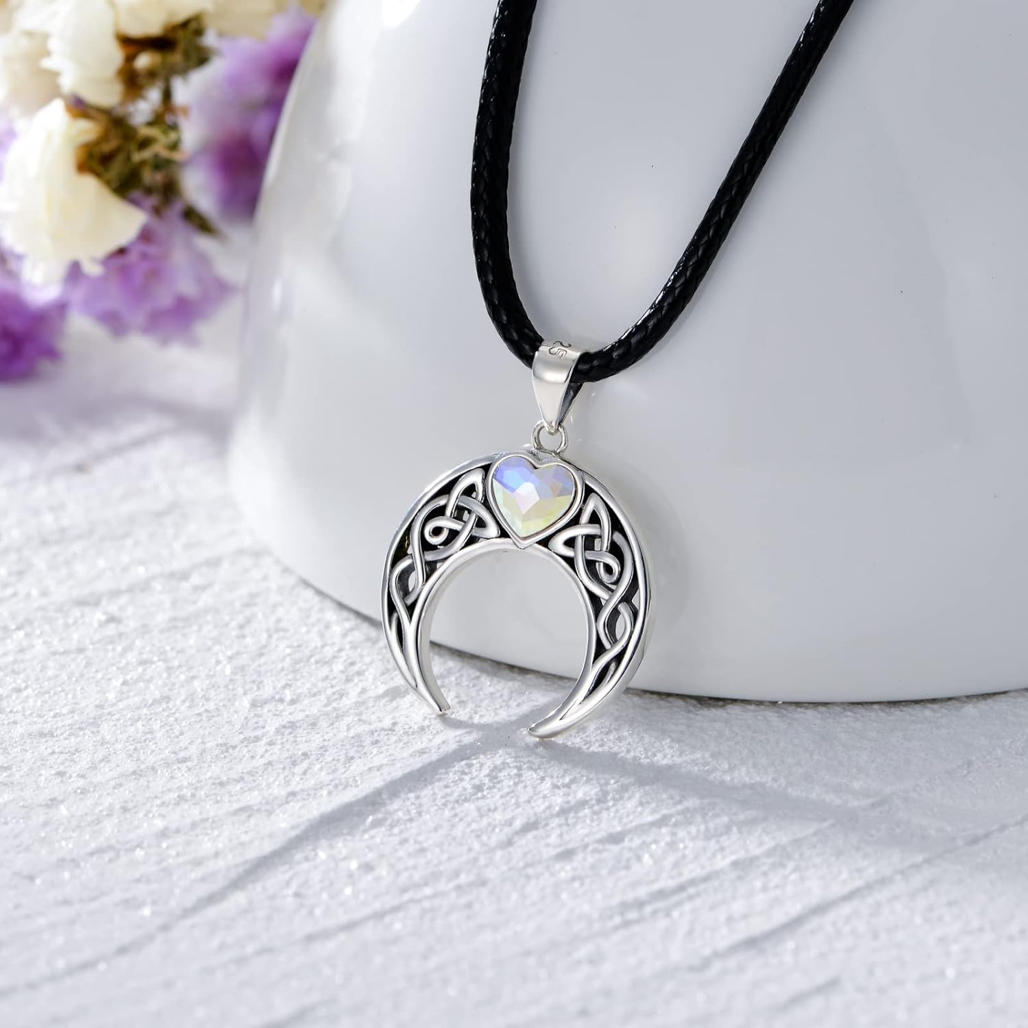 AOBOCO Leather Choker Necklace for Women 925 Sterling Silver Pendant with Crystal from Austria 16''