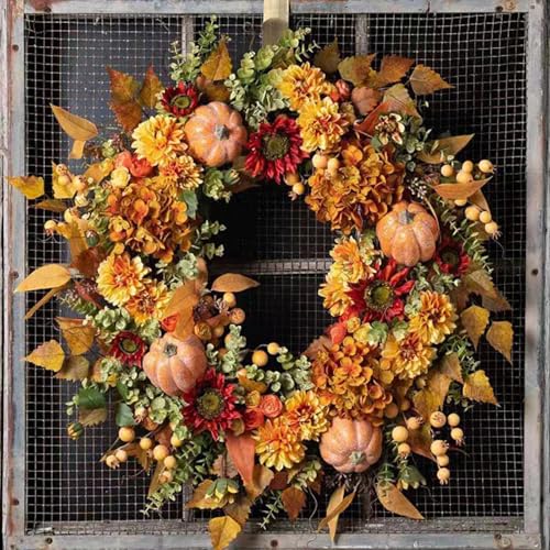 Farmhouse Fall Wreath with Seasonal Botanicals - Autumn Harvest Front Door Decor, All-Season Harvest Wreath for Porch, Wall, Home Decor (B)