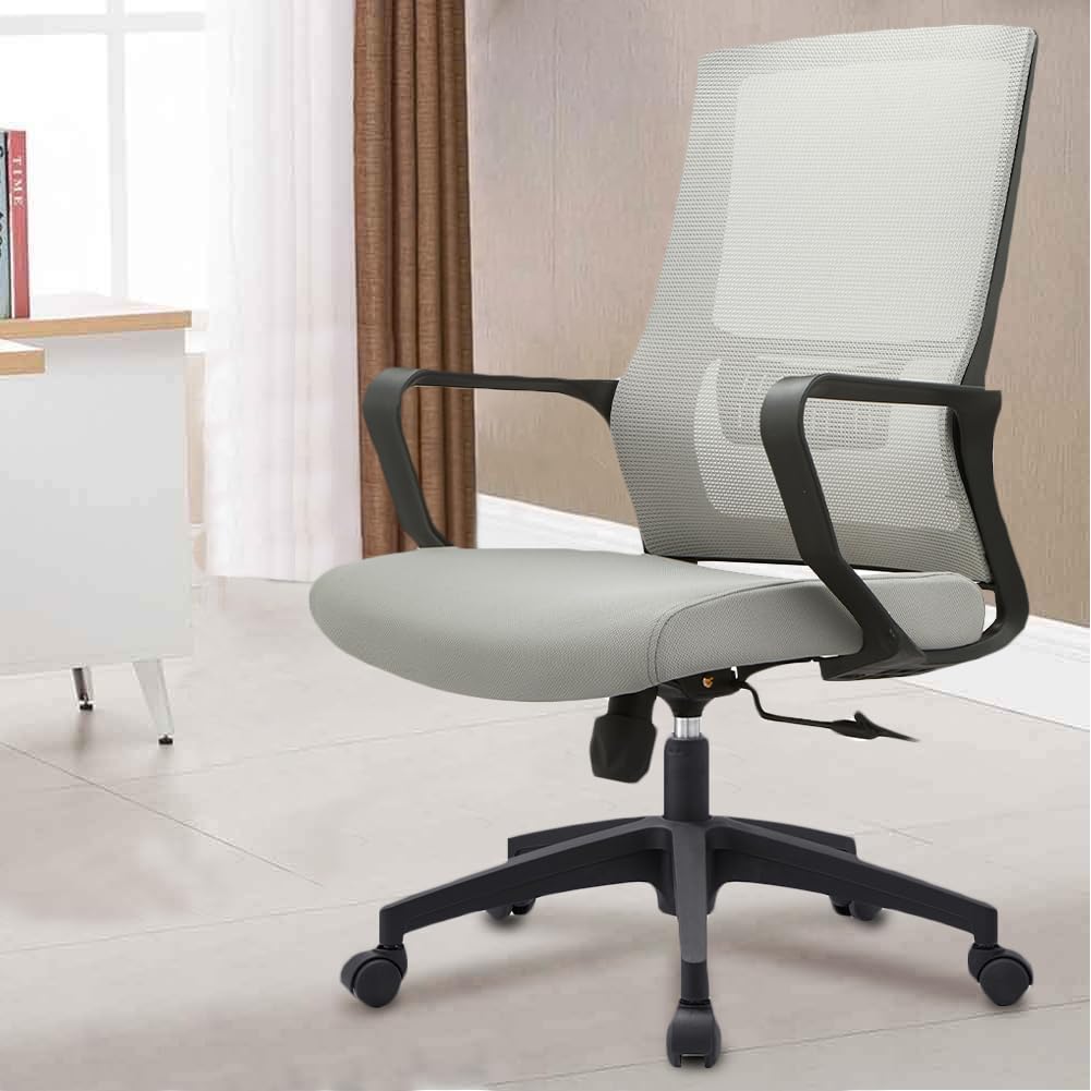 Shally Dogan Sedia da Ufficio Ergonomica Girevole con Supporto Lombare, Poltrona da Scrivania, Studio, Cameretta, Reclinabile con Altezza Regolabile, Base Nera Robusta, Schienale Antisudore (Grigio)