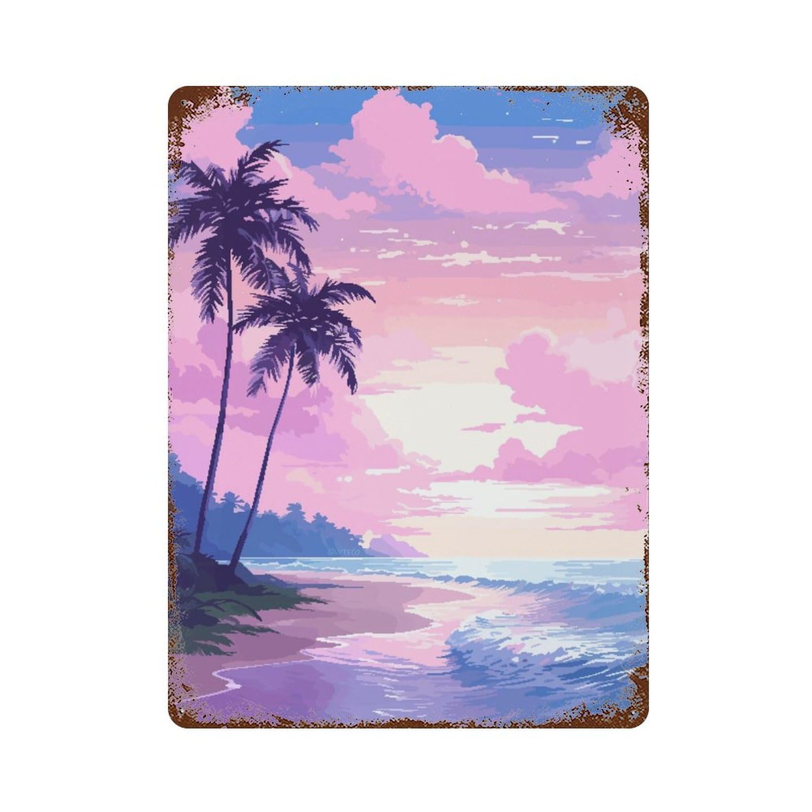 Hawaii Sunset Pixel Art 15.7"x11.8" Rusty Metal Tin Sign, Novelty Wall Decor for Cafe, Home Bar And Lounge Decor
