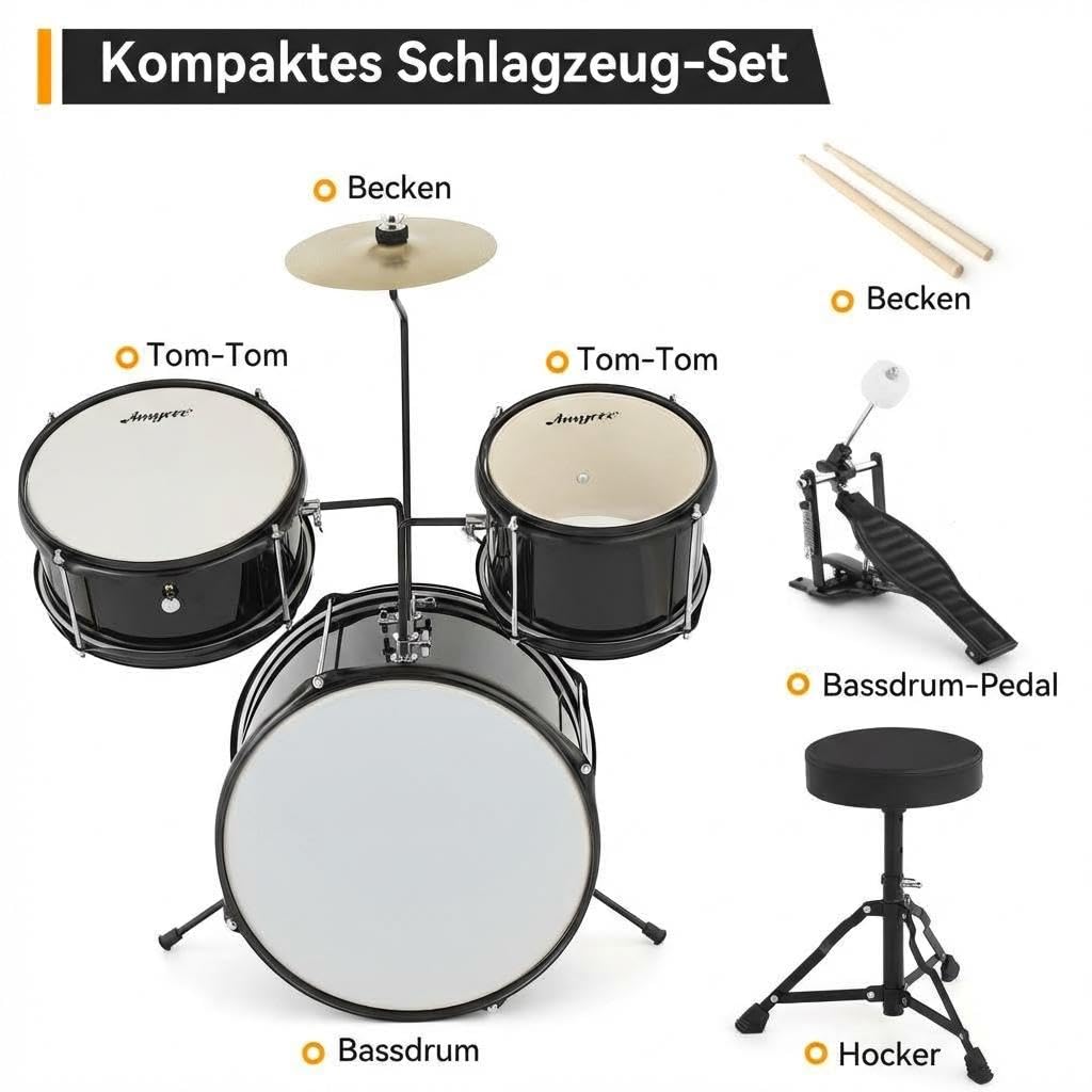 Garvee Kinder Schlagzeug Set 3-teilig – Komplettes Junior Percussion Kit aus Holz/Metall mit Bassdrum, 2 Marken-Markenfreie Schuhe Schuhe, 8" Becken, Hocker, Sticks & Basspedal – Perfekt für