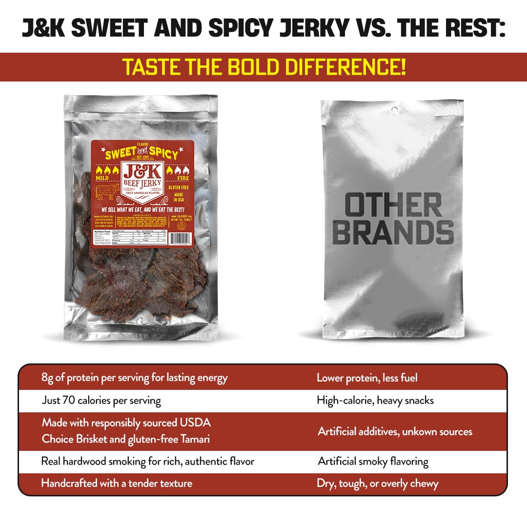 J&K Sweet and Spicy Beef Jerky - Hand Crafted Small Batch American Made Slab Beef Jerky - Bold & Flavorful Snack! - 7oz Big Bag