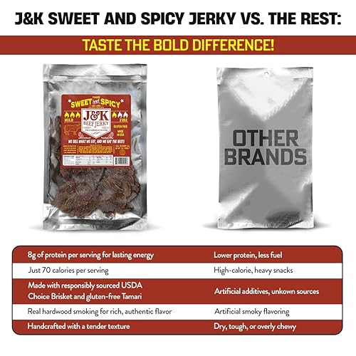 Miniatura 4 de J&K Jerky - Cecina de res dulce y picante  Hecho a mano en lotes pequeños hechos en Estados Unidos  Aperitivo audaz y sabroso!  Bolsa grande de