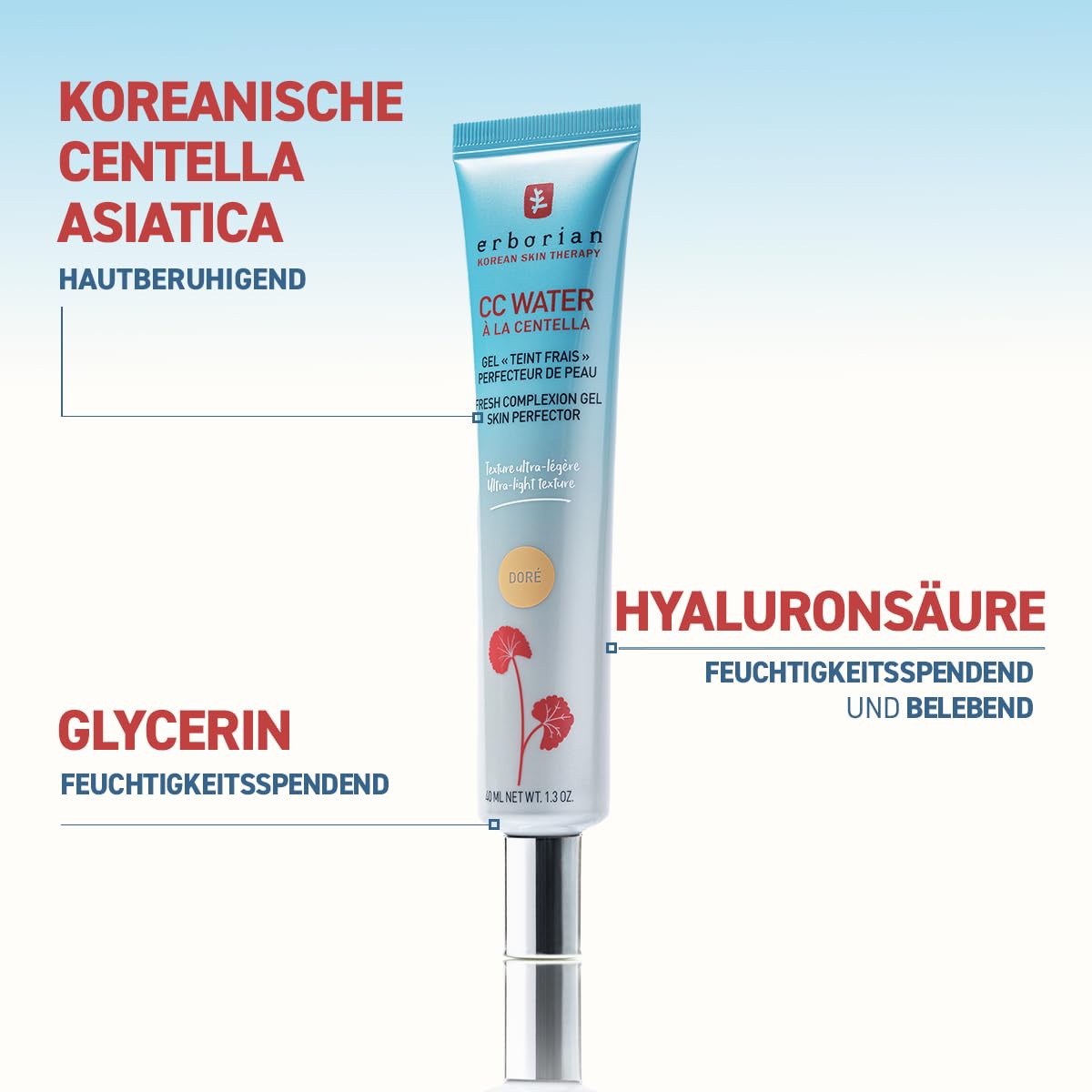 Erborian CC Water mit Centella Asiatica - Leichte CC Creme mit Hyaluronsäure - Die Feuchtigkeitsspendende Koreanische Gesichtspflege gleicht Hautunebenheiten aus