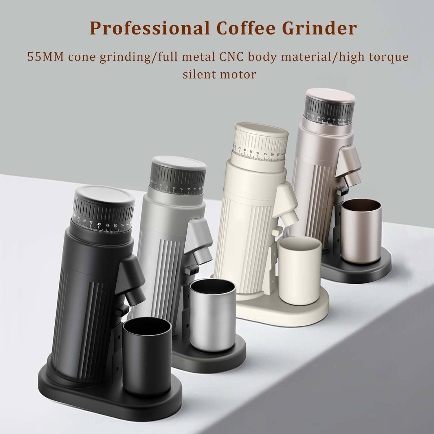 Cone Burr Electric Coffee Grinder, 55mm Stainless Steel Burr One-Touch Automatic Grinder, with 100-Position Grind Selector, French Press Coffee Grinding Maker,White