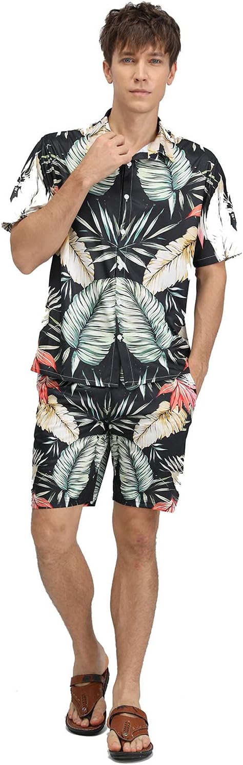 BUYJYA Men's Flower Shirt Short 2 Piece Hawaiian Sets Casual Button Down Floral Tracksuit Beach Outfit