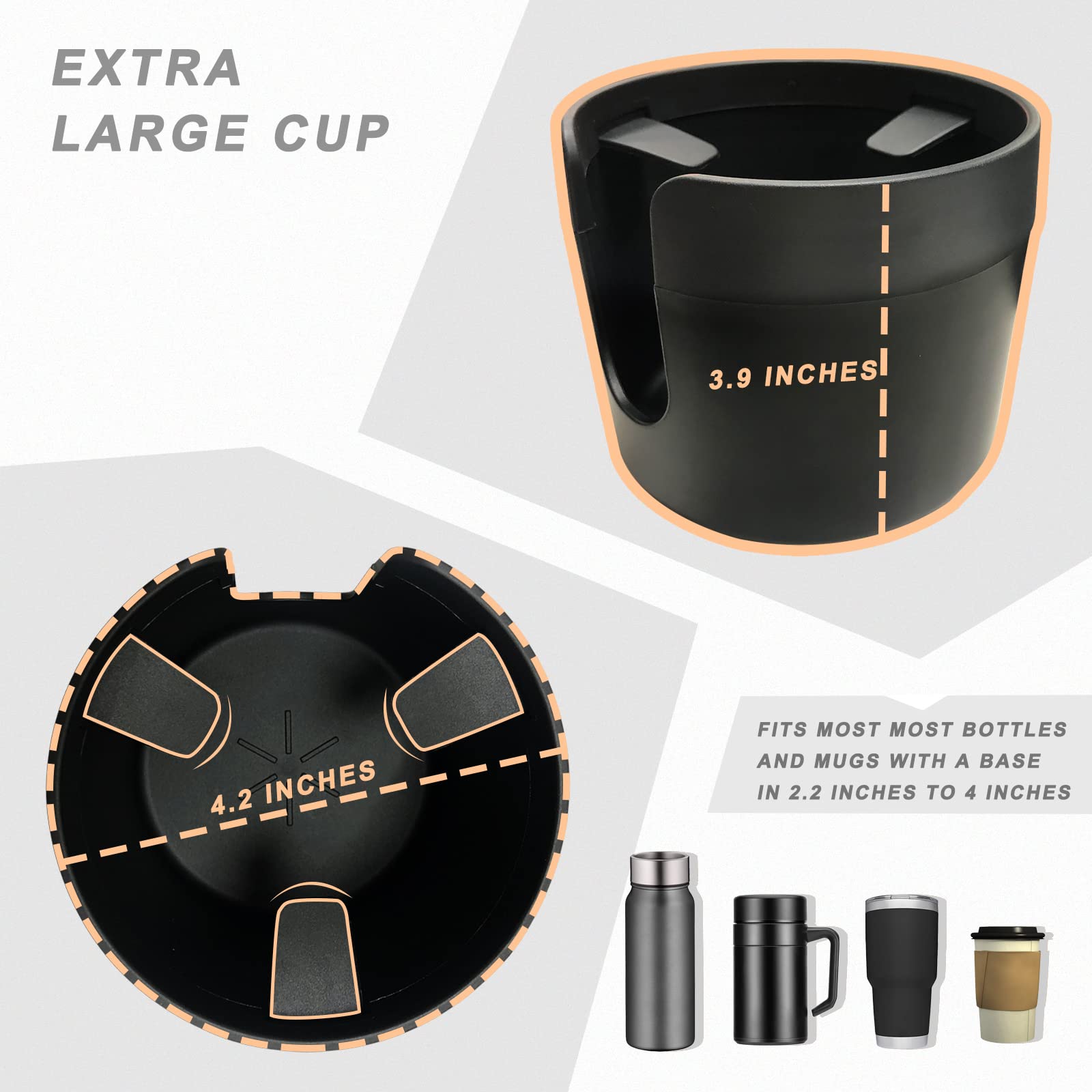 2-in-1 Car Cup Holder Expander Adapter with Offset Adjustable Base, Compatible with Yeti 14/24/36/46oz Ramblers, Hydro Flasks 32/40oz, Other Large Bottles Mugs in 2.2"-4.0"