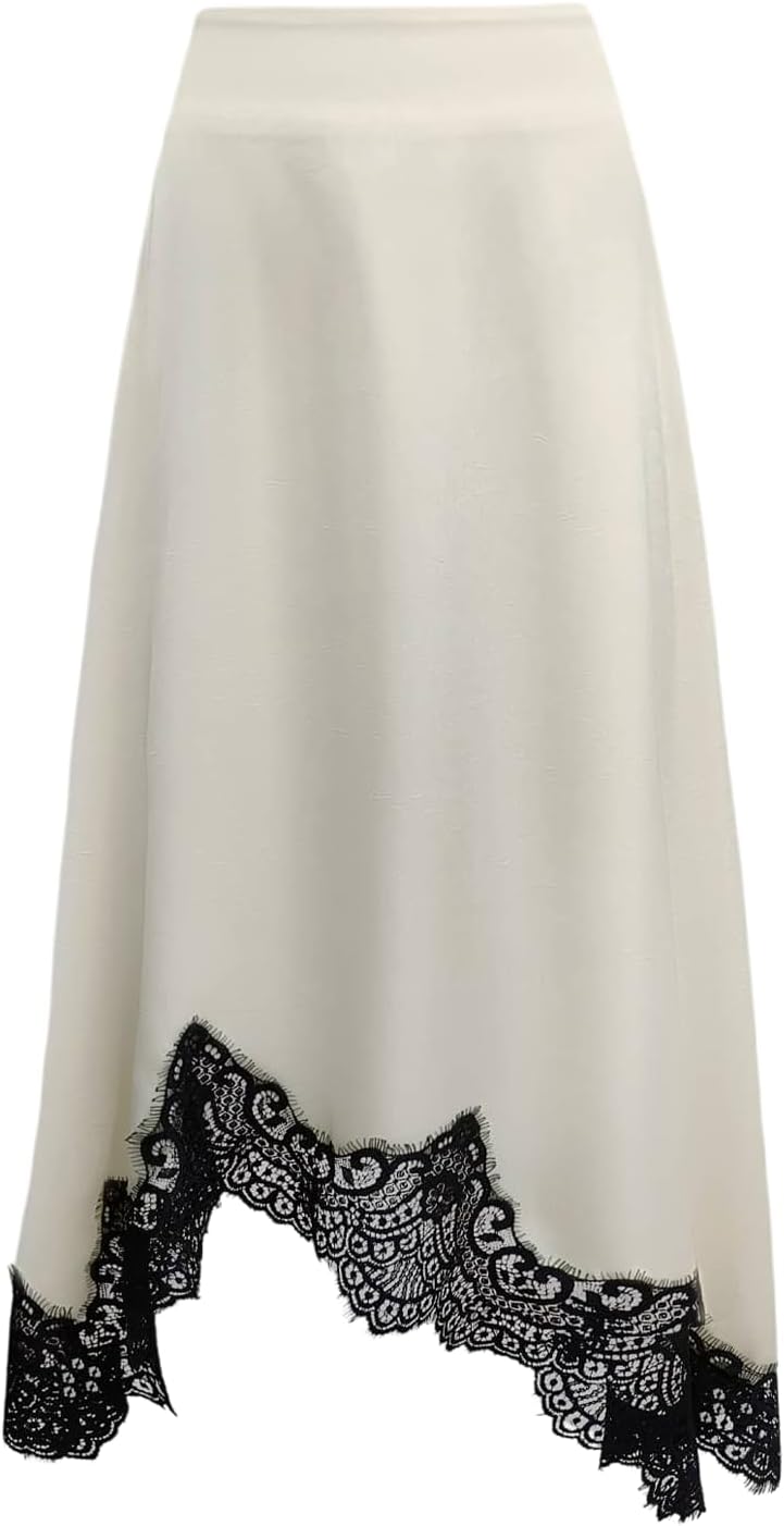 Women's Stain Lace Midi Skirt Elegant High Waisted Asymmetrical A Line Skirt