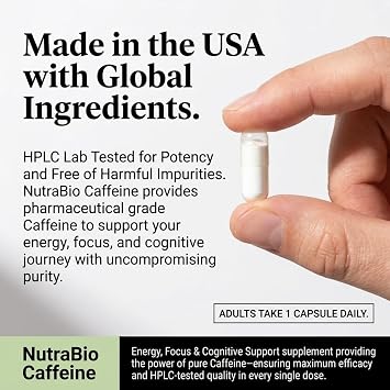 NutraBio 100% Pure Caffeine Capsules (250 Capsules)
