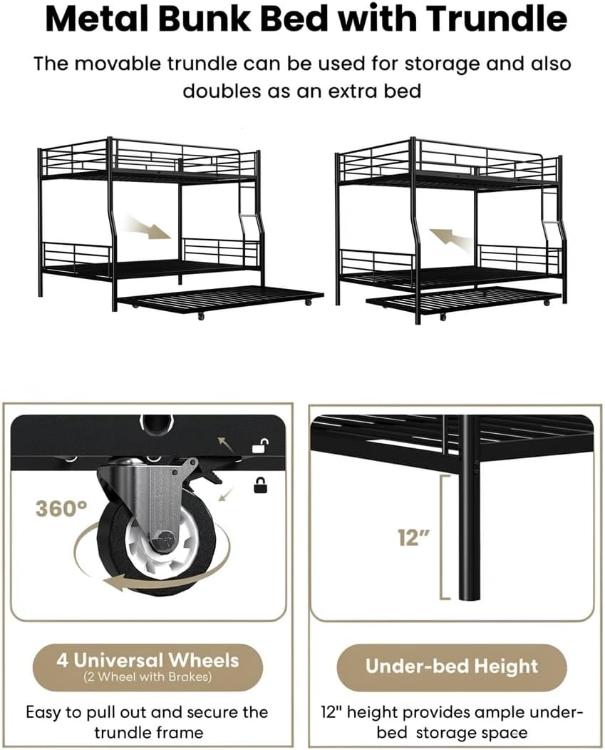 Miscoos Full XL Over Queen Bunk Bed with Trundle, Heavy-Duty Queen Bunk Bed with with Safety Ladder and Full-Length Guardrail, Convertible to 3 Beds for Teens and Adults, Black