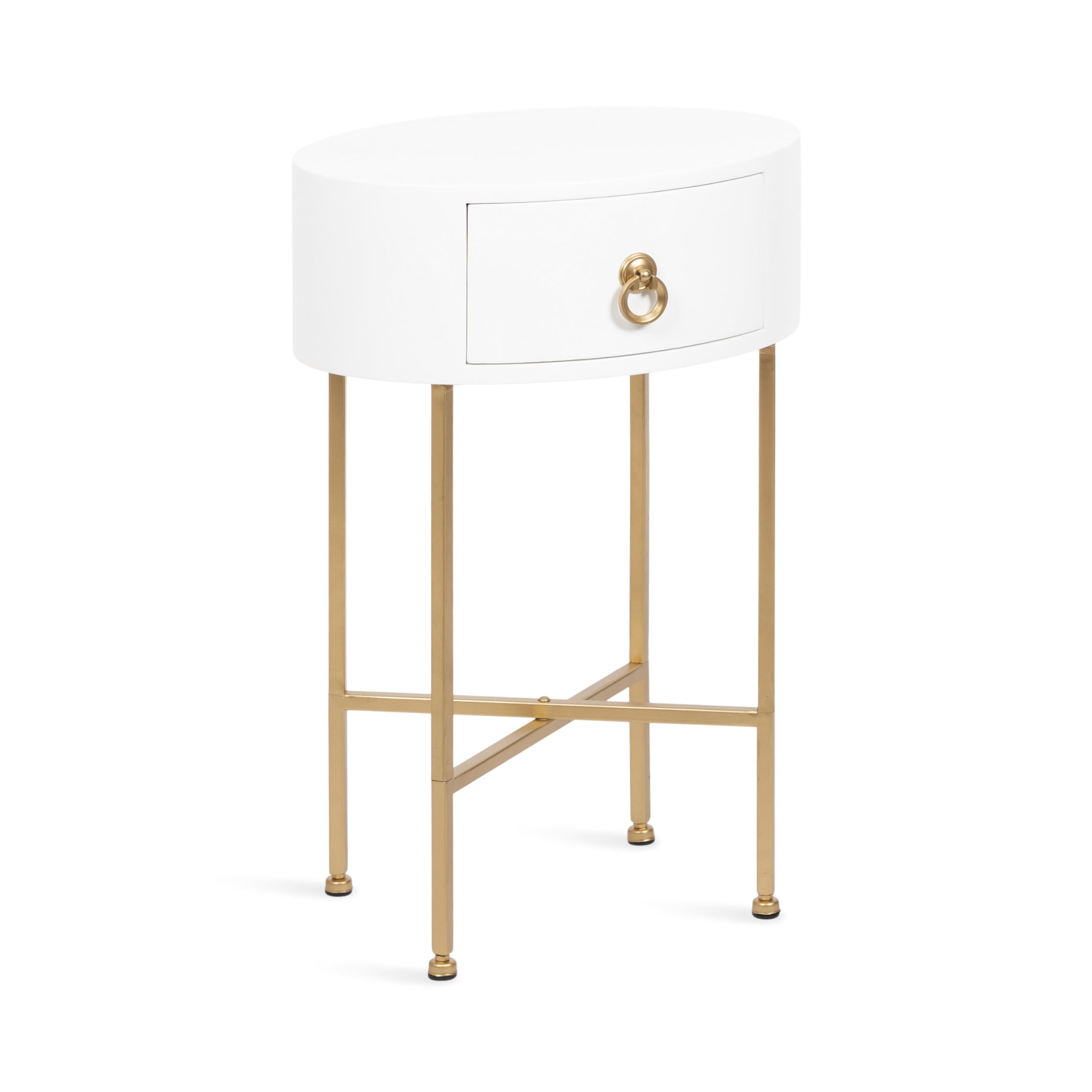 Kate and Laurel Decklyn Decorative Glam Oval Side Table; 16 x 12 x 24; White and Gold; Modern Round Living Room Table with Pull Drawer for Useful