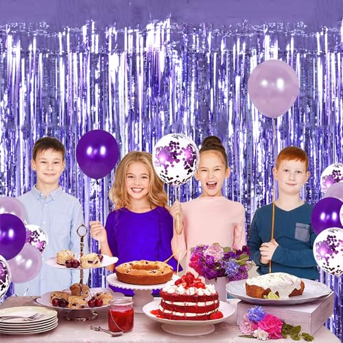 Image of TONIFUL 3Pcs Light Purple Door Streamers Purple Photo Booth Backdrop Metallic Streamers Foil Fringe Curtains for Birthday,Christmas,New Year,Bachelorette,Grad Party Streamers Decor(9.9ft x 6.6ft)