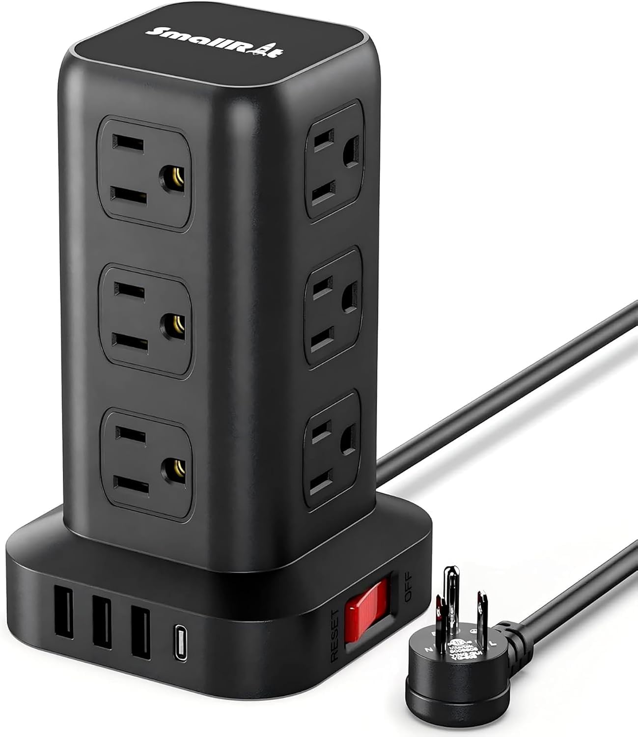 Extension Cord with Multiple Outlets, SMALLRT Power Strip Tower, Outlet Extender with 12 AC Outlets 4 USB, 6.5FT Extension Cord for Home Dorm Room, Office Supplies,Overload Protection Black 6.5 Ft without wireless charging