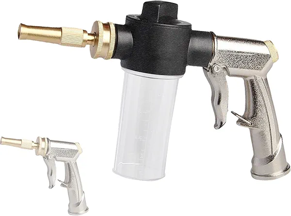 MOSIKEN Garden Hose Nozzle Sprayer with 3.5oz Plastic Soap Dispenser Bottle, Heavy Duty High Pressure Car Wash Foam Gun, Adjustable Nozzle for Gardening, Solar Panel Cleaning, Pet Showering (Silver)