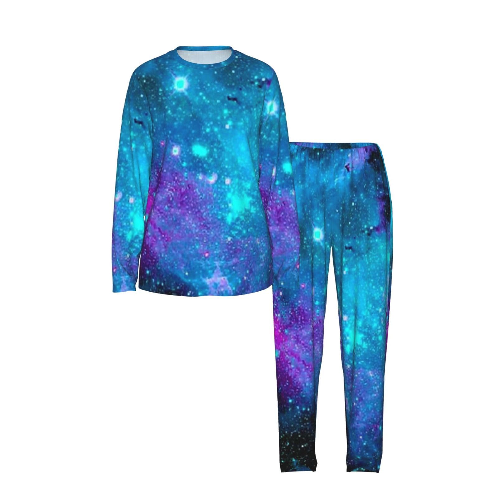 Pigiama da donna a maniche lunghe con stampa cielo stellato viola Set pigiama morbido elastico coulisse casual Daywear