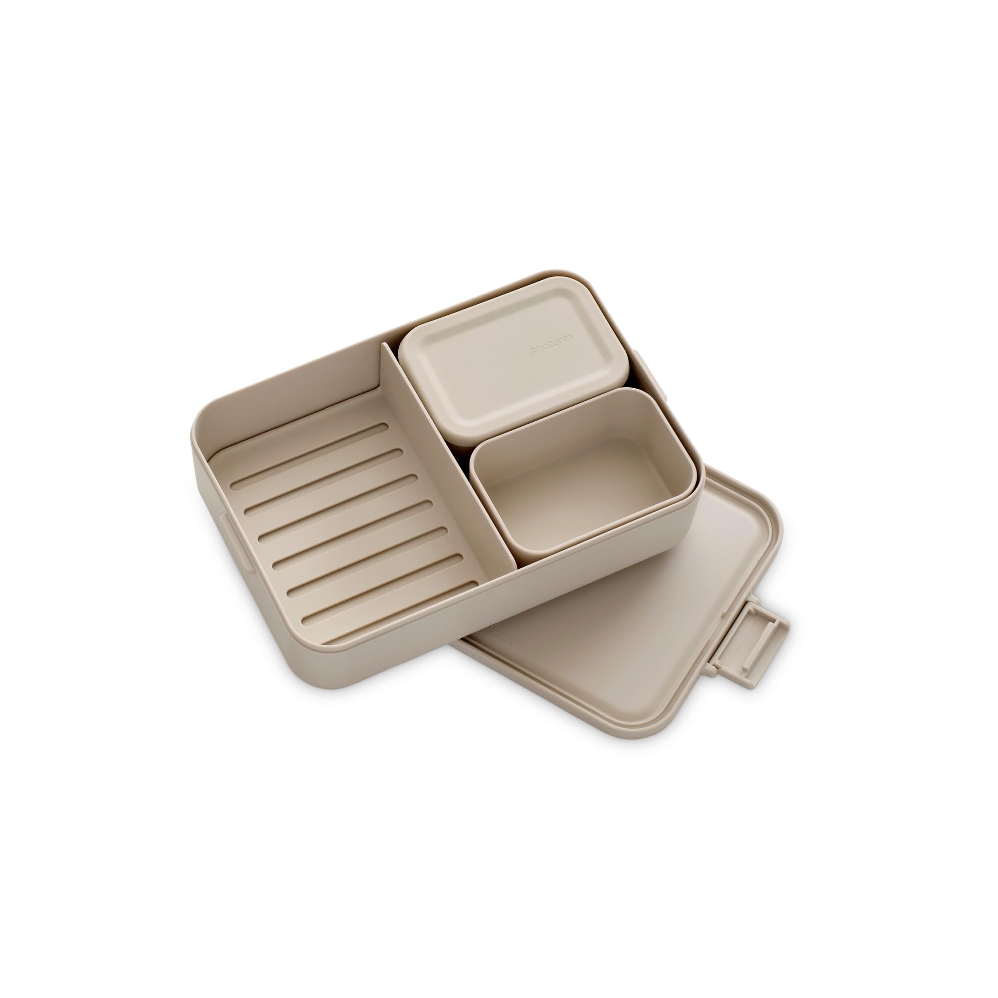 Brabantia Make & Take Lunch Box Bento (2L), Removable Compartments for Food Separation, Plastic Food Container Lid with Clips, Bento Box, Dishwasher & Microwave Safe, Soft Beige, 25.5 x 16.7 x 6.2 cm