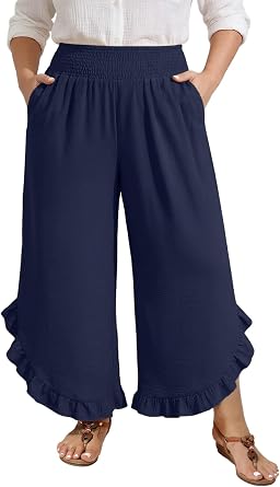 Feiersi Womens Plus Size Wide Leg Pants High Waisted Palazzo Cropped Pants Summer Flowy Beach Lounge Casual Trousers