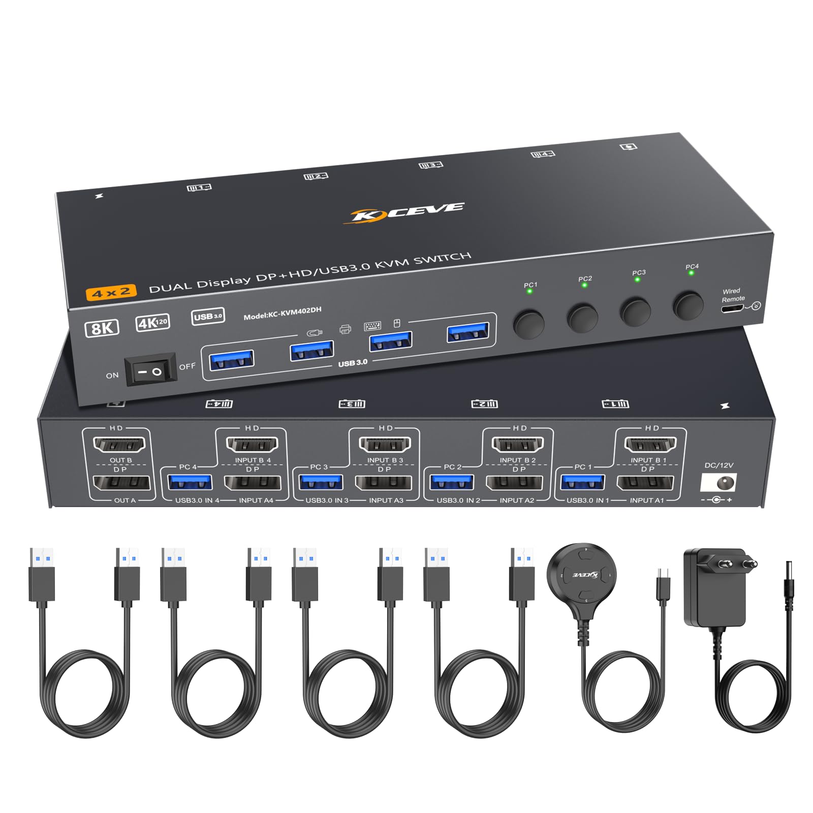 Przełącznik KVM 8K przy 60 Hz, ESKEVE 4K przy 144 Hz HDMI Displayport Przełącznik KVM 4 PC 2 monitory dzielą 2 monitory i 4 urządzenia USB, zasilacz przewodowy i 4 kable USB 3.0 w zestawie