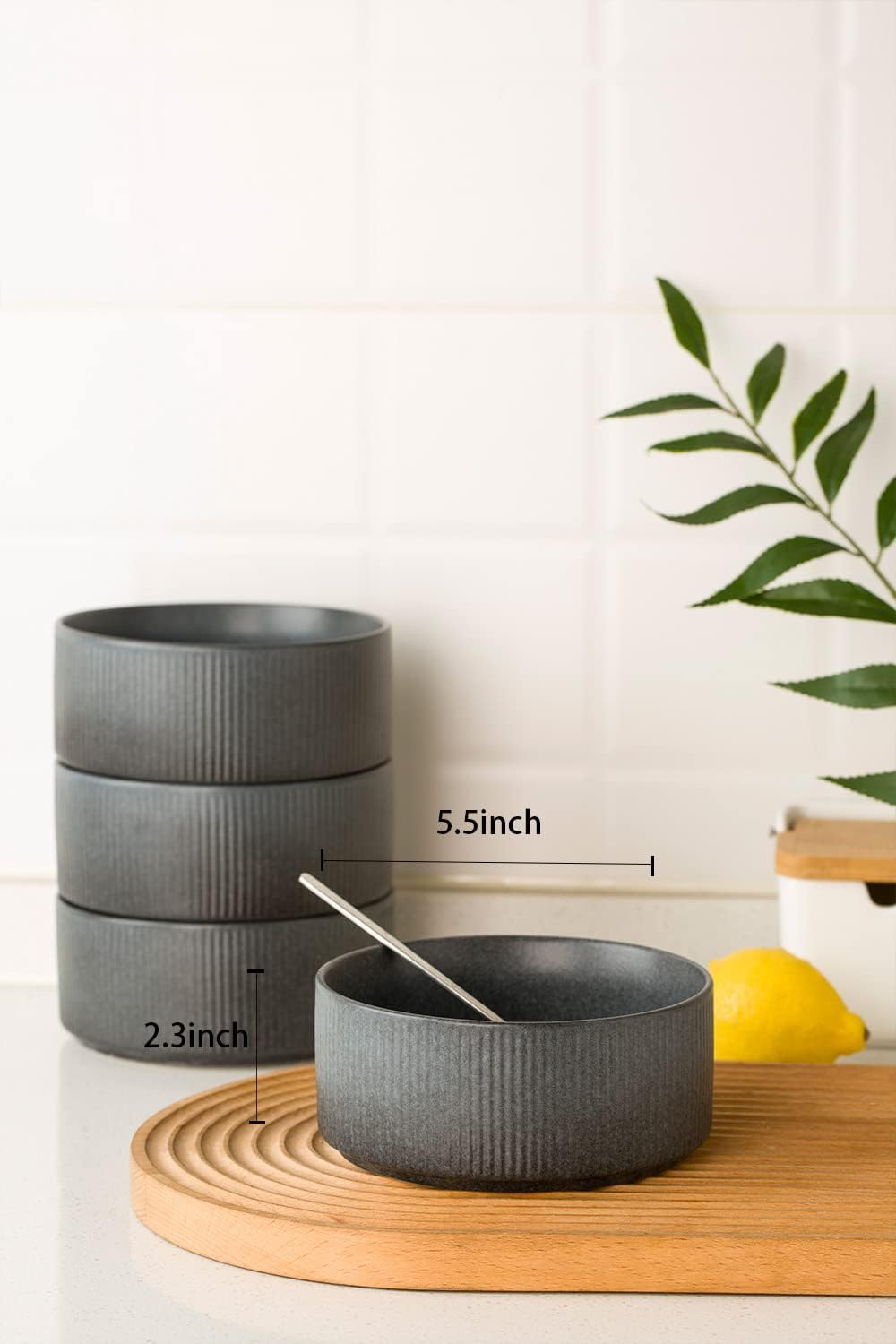 famiware 5.5" Soup Bowl Set of 6 and 4oz Dipping Bowl Set of 6 - Star Stoneware Dishes - Matte Dark Charcoal