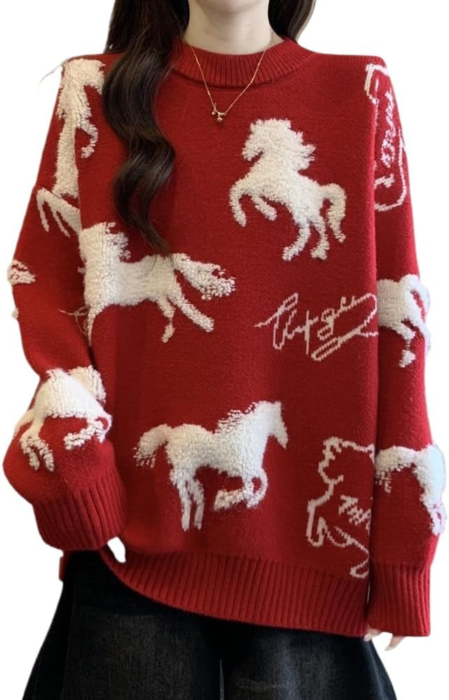 Chinese New Year Women's Autumn/Winter Red Sweater Spring Festival Loose-Fit Knit Top