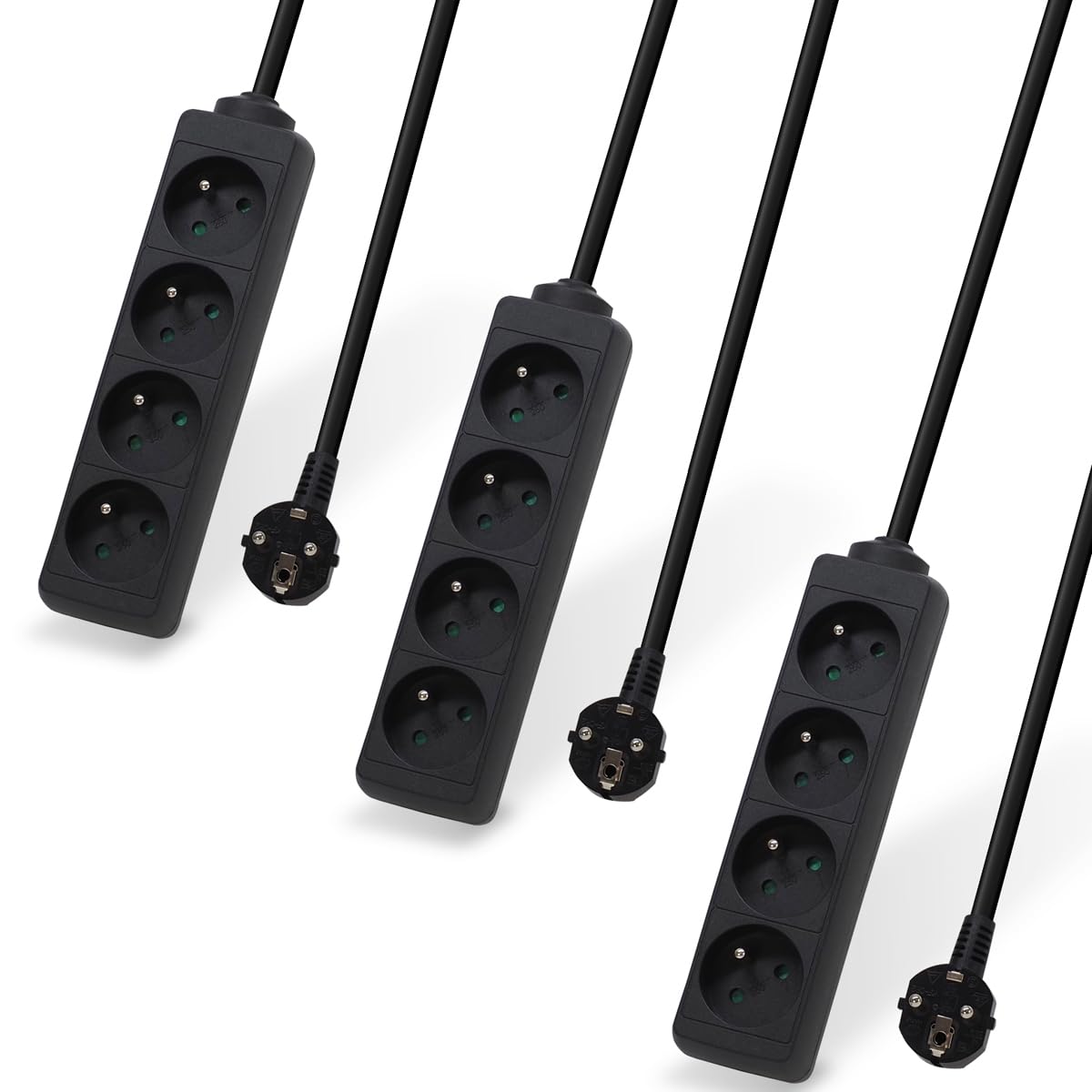 Waytex - Juego de 3 enchufes eléctricos (4 enchufes eléctricos, 16 A, 2 P+T, Cable de 5,00 m, Seguridad Infantil, CE NF, Color Negro