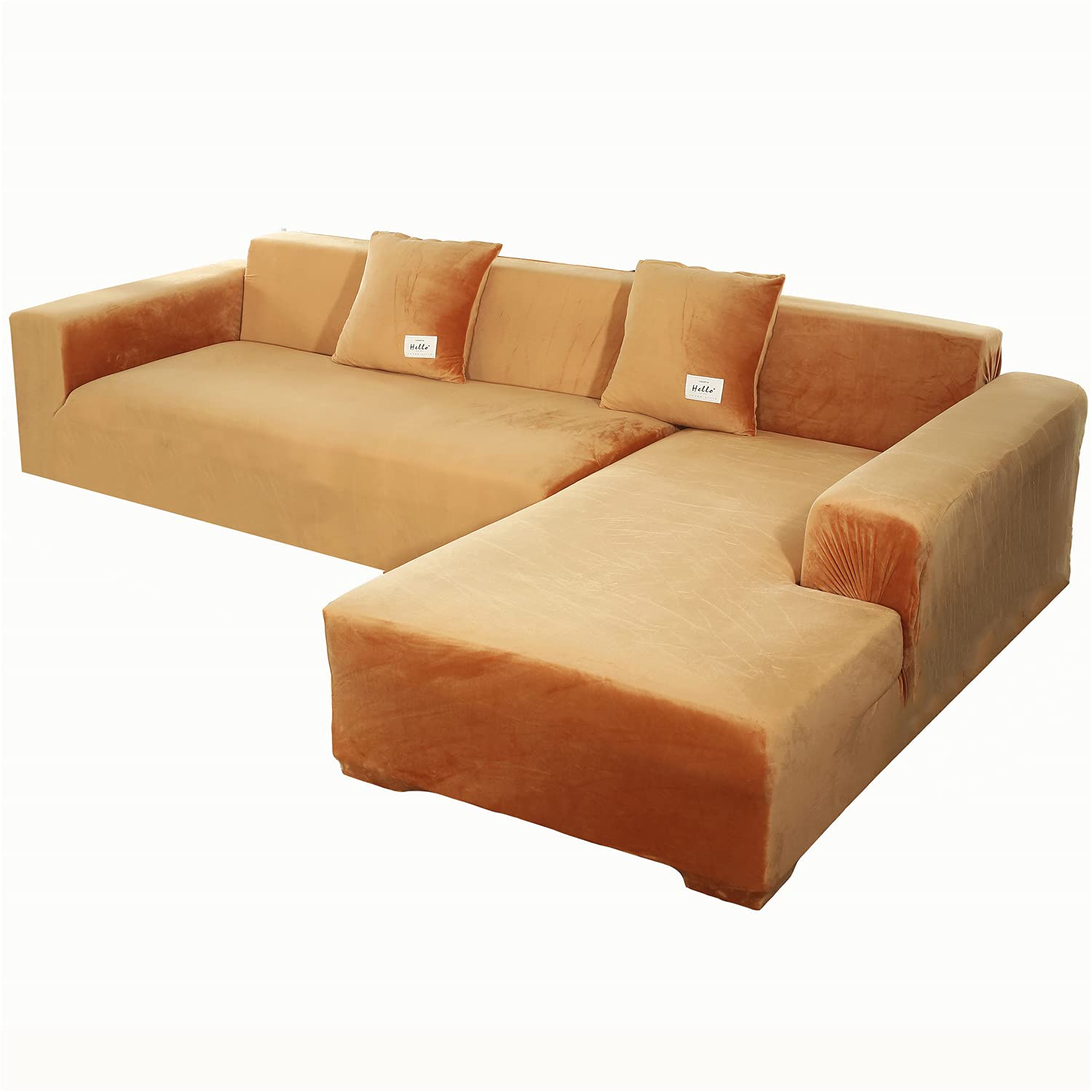 Housse de canapé d'angle en velours orange premium pour grand salon