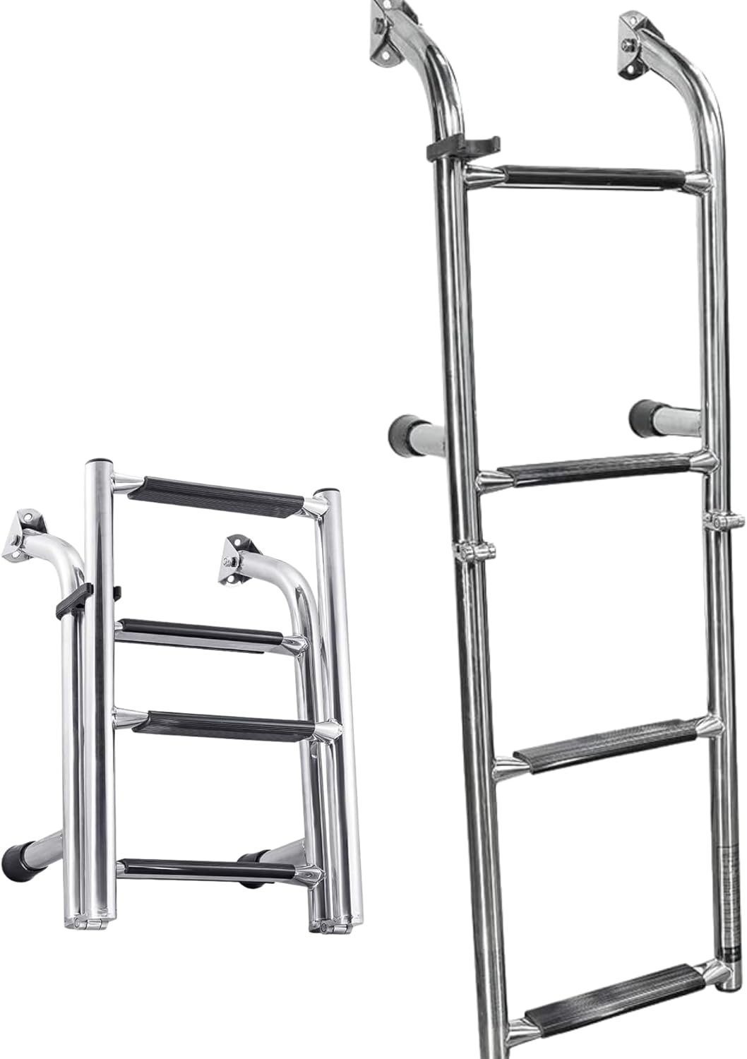 White Water - 4-Step Folding Transom Boat Ladder – 304 Stainless Steel – 4-5/8" Standoffs - Telescoping Swim Platform Boarding Ladder for Boats - B00361