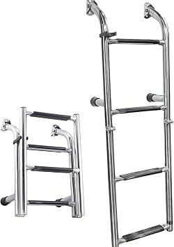 White Water - 4-Step Folding Transom Boat Ladder 304 Stainless Steel 4-5/8" Standoffs - Telescoping Swim Platform Boarding Ladder for Boats - B00361