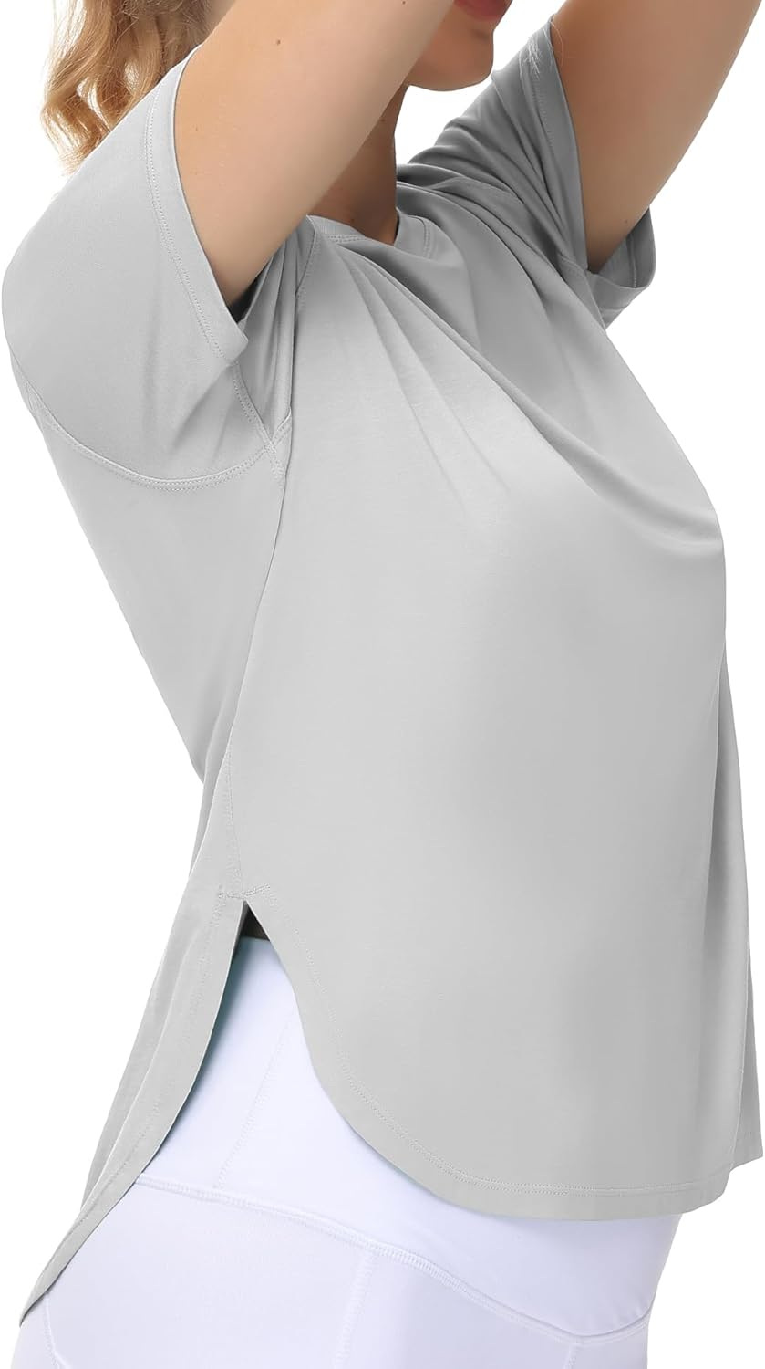 THE GYM PEOPLE Women's Workout T-Shirts Loose Fit Short Sleeve Cotton Running Basic Tee Tops with Split Hem - Image 2