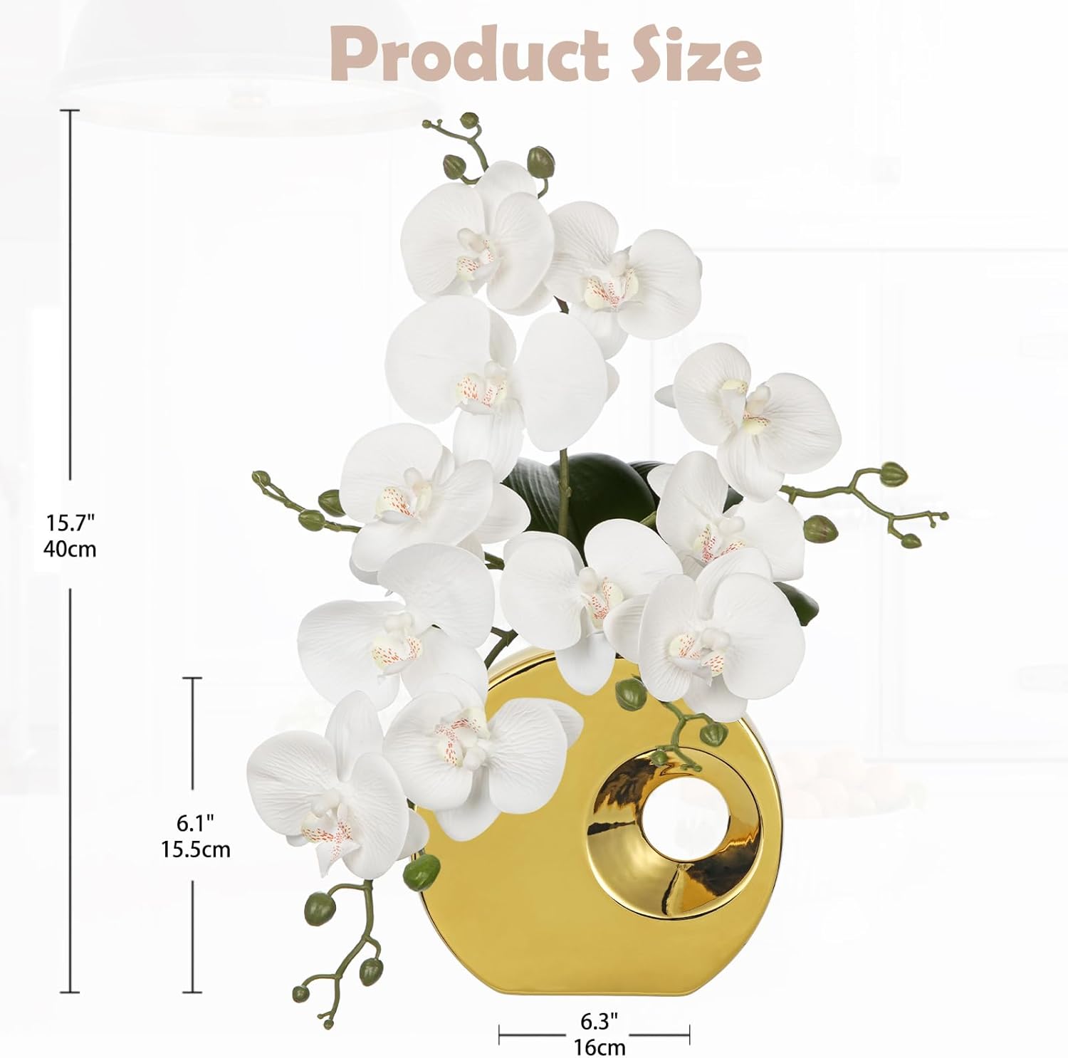 Briful Artificial Orchid Flowers in Gold Pot 15.7" Tall White Faux Orchid Arrangement Silk Orchid Flower Fake Orchids Centerpiece for Home Office Room Wedding Table Décor - Image 3
