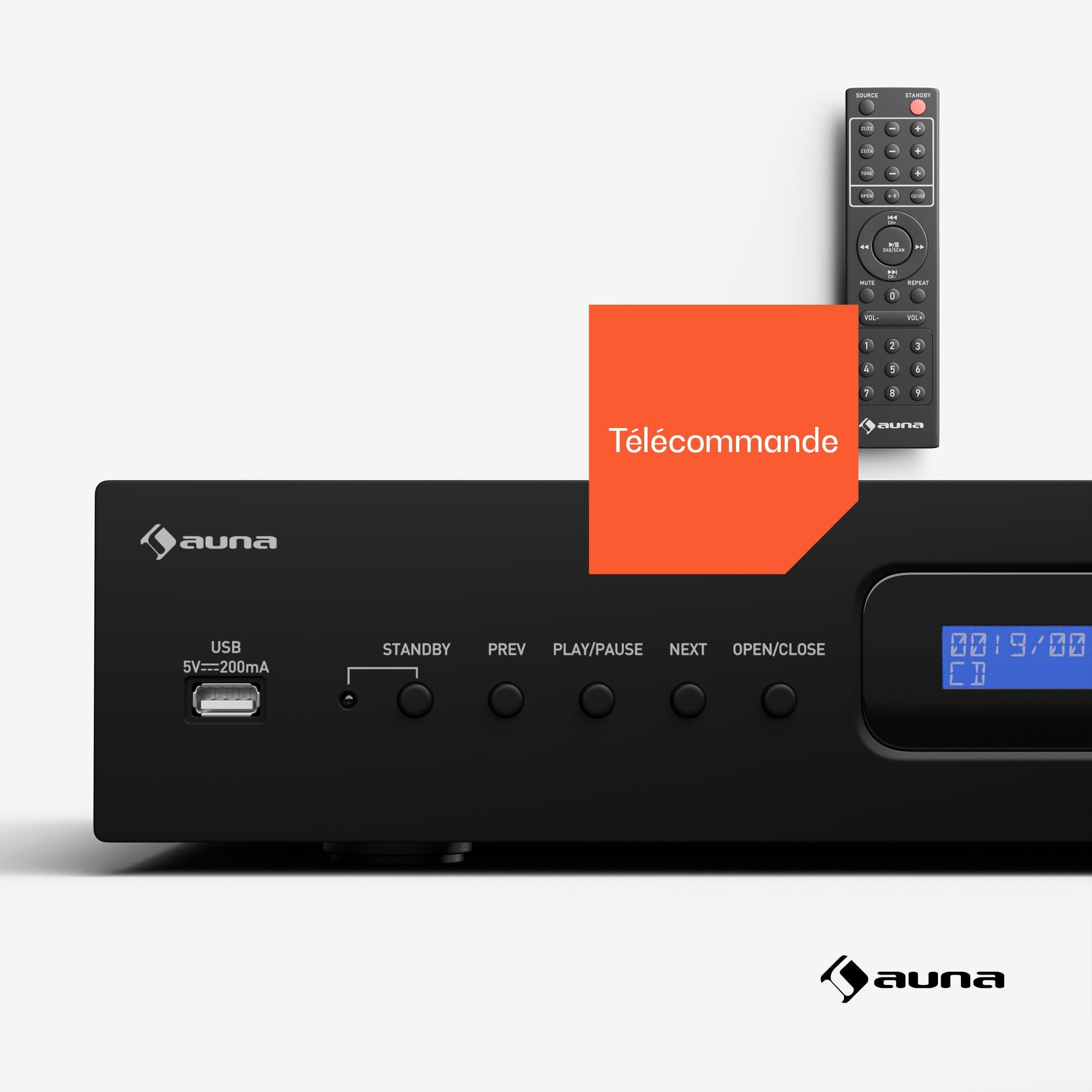 Auna Art22 Lecteur CD Hi-FI avec Lecteur à Fente, Entrée USB, Lecture CD-MP3, Télécommande, Sorties Optiques & Coaxiales – 130W – Noir