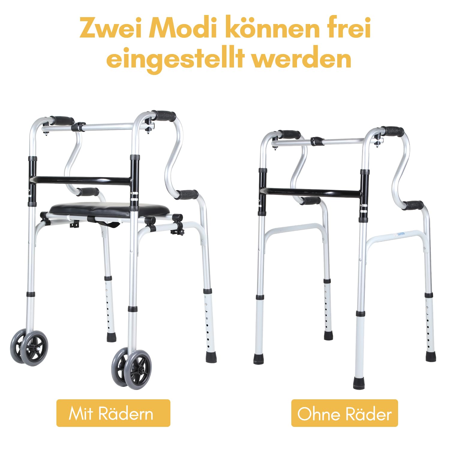 Deambulatore pieghevole 2 ruote girevoli, supporto camminare, regolabile altezza, alluminio, antiscivolo, stabile, fino a 180 kg, argento