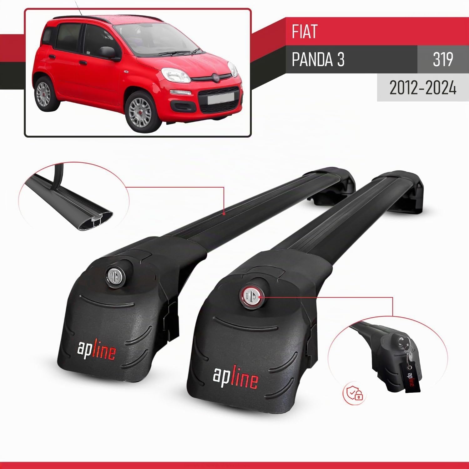 Compatibile con Fiat Panda 3 (319) 2012-2024 Modello ACE-2 Barre Tetto Portapacchi Auto Barre Portatutto Nero Alluminio 2 Barre