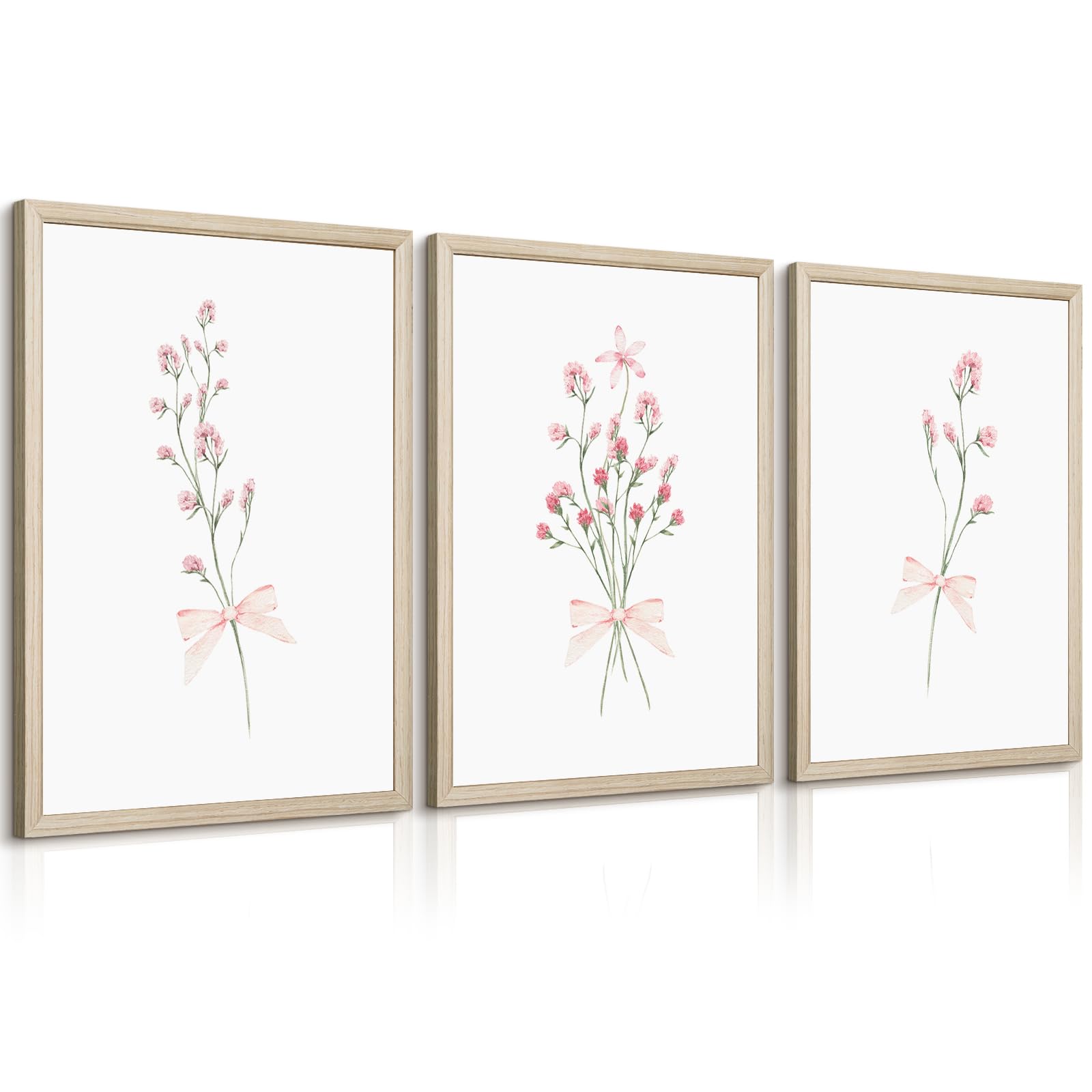 nursery flower wall art girl floral canvas wall decor boho wildflower art poster pink bow pictures nursery floral prints vintage botanical artwork for girls room bedroom 12x16 inch wood framed 3pcs