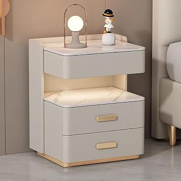 Smart Nightstand with Drawer, Bedside Dresser with 2 Drawers, Nightstand Wooden Narrow Side Table, Solid Wood Bedside Table with PU, Night Stand with Light, Nordic Bedside Cabinet for BedroomBeige,40