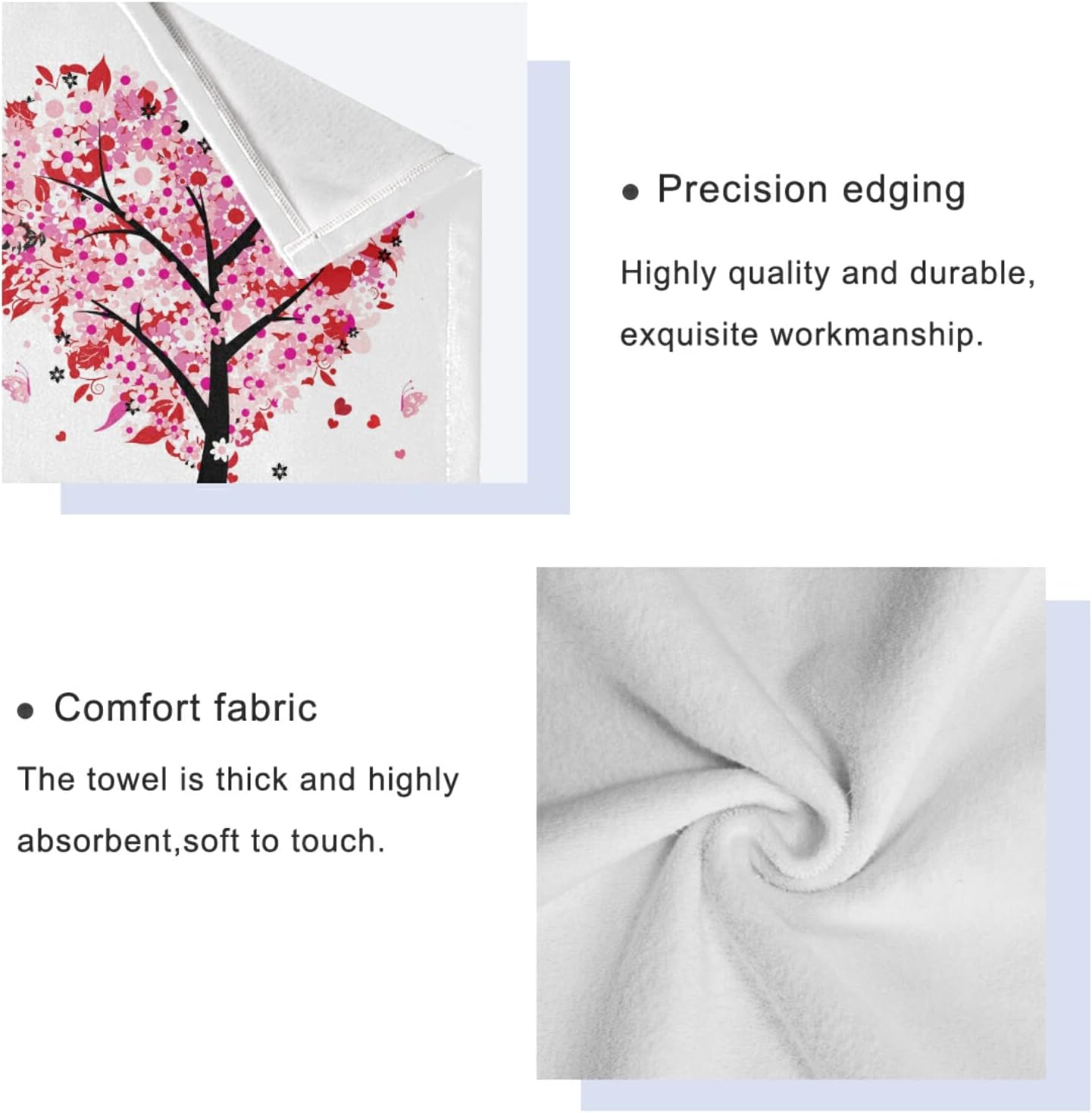 Pfrewn Pink Flowers Heart Tree Towels Set of 3 Romantic Love Spring Trees Butterfly Bathroom Towel Soft Absorbent Bath Hand Towels Washcloth Guest Towel Sets Mother's Valentine's Day Decorations